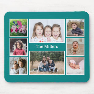 Personalized 8 Photo collage Family Name Teal Mouse Pad