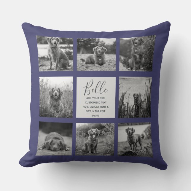 Personalized 8 Photo Collage Navy Blue Throw Pillow (Front)