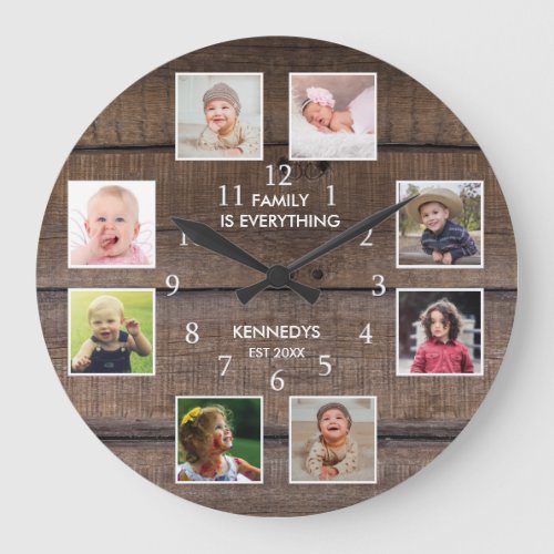 Personalized 8 Photo Collage Rustic Brown Wood Large Clock