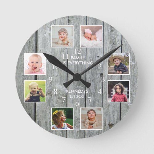 Personalized 8 Photo Collage Rustic Gray Wood   Round Clock