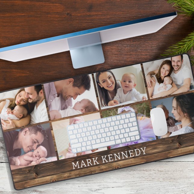 Personalized 8 Photo Collage Rustic Wood  Desk Mat (Creator Uploaded)
