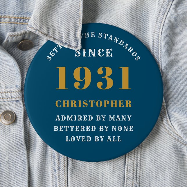 Personalized 90th Birthday 1931 Elegant Blue Gold Button (In Situ)
