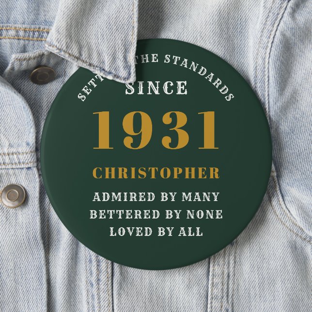 Personalized 90th Birthday 1931 Elegant Green Gold Button (In Situ)