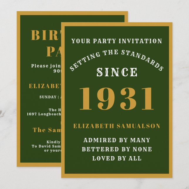 Personalized 90th Birthday 1931 Elegant Green Gold Invitation (Front/Back)
