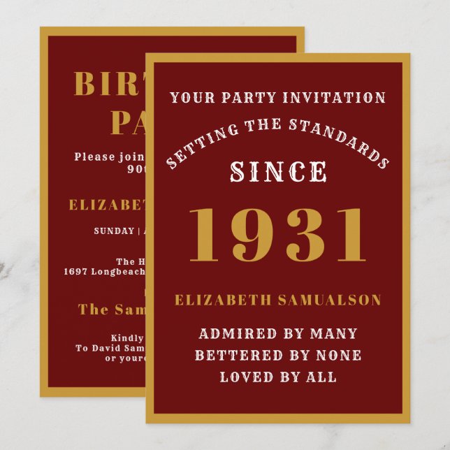 Personalized 90th Birthday 1931 Elegant Red Gold Invitation (Front/Back)