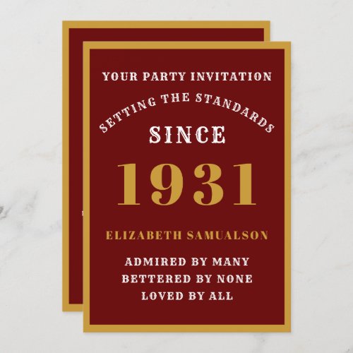 Personalized 90th Birthday 1931 Elegant Red Gold Invitation