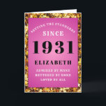 Personalized 90th Birthday 1931 Pink Gold Chic Mom Card<br><div class="desc">Pink 90th birthday card for those born in 1931. Easily customize the text to the front and the interior of this birthday card using the template provided. Part of the setting standards range of greeting cards.</div>