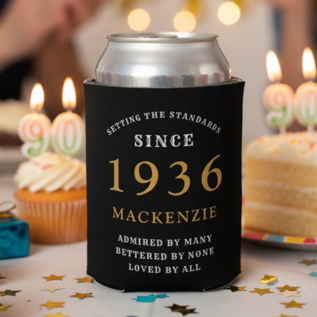 Personalized 90th Birthday 1936 Black Gold Huge Can Cooler (90th birthday can cooler blurred backround.)