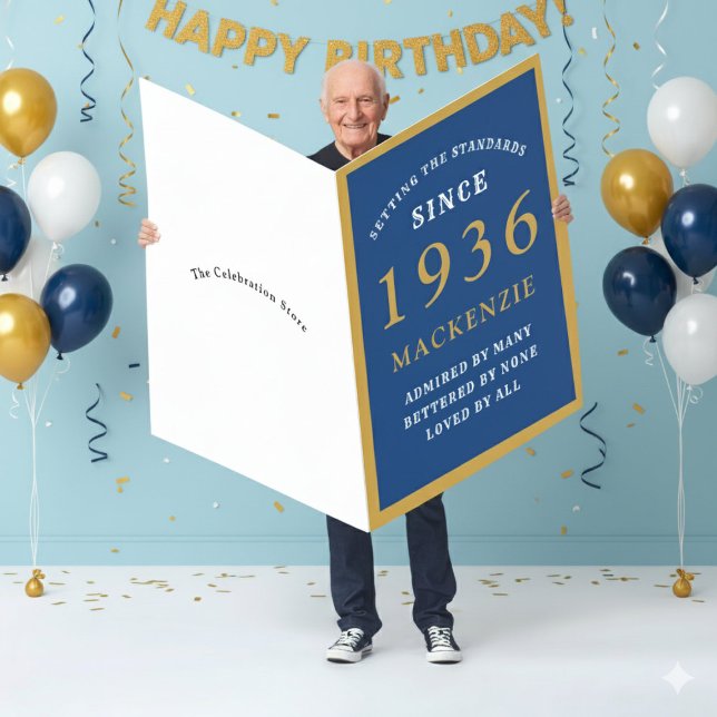 Personalized 90th Birthday 1936 Blue Gold Huge Card (1936 Giant blue birthday card in a room with light blue wall. )