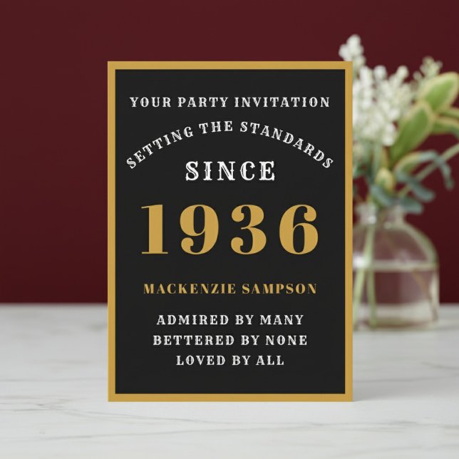 Personalized 90th Birthday 1936 Elegant Black Gold Invitation (1936 birthday invitation. Marble table top, red wall background.)