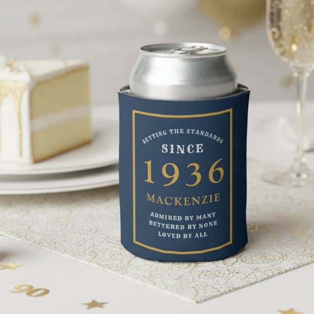 Personalized 90th Birthday 1936 Elegant Blue Gold Can Cooler (1936 blue can cooler. White background.)