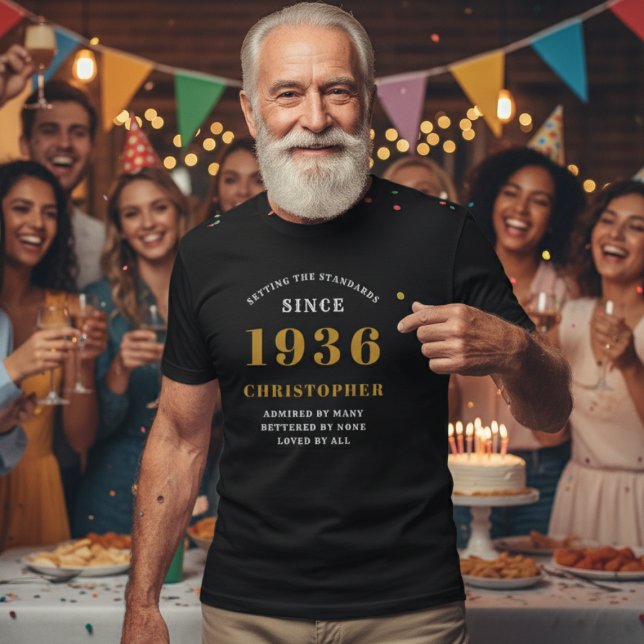 Personalized 90th Birthday 1936 Name Black Gold T-Shirt (1936 personalized t-shirt worn by a man at a party)