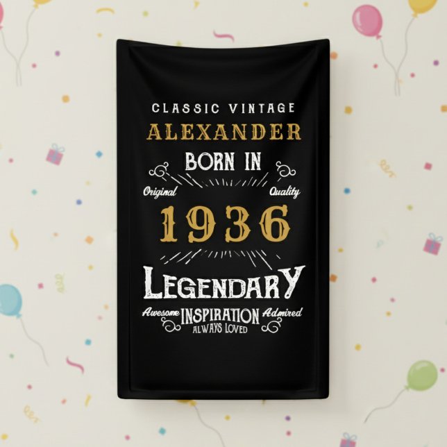 Personalized 90th Birthday 1936 Vintage Legend Banner (Born 1936 birthday wall banner  against a cream color wall.)
