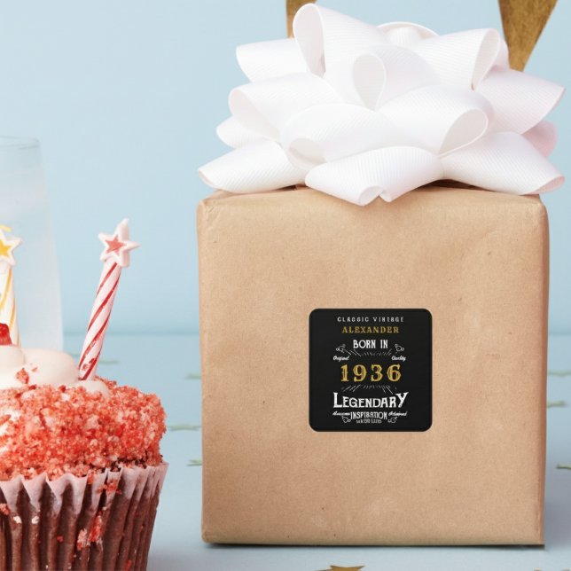 Personalized 90th Birthday Add Name 1936 Legend Square Sticker (Born 1936 Birthday sticker on a wrapped gift.)