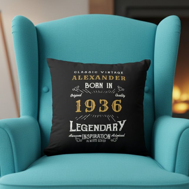 Personalized 90th Birthday Born 1936 Legend Black Throw Pillow (Born 1936 throw pillow on a blue chair.)