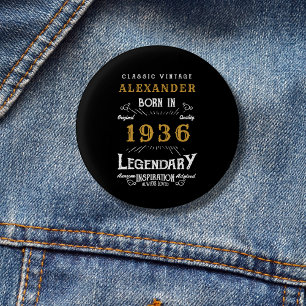 Personalized 90th Birthday Born 1936 Vintage Black Button
