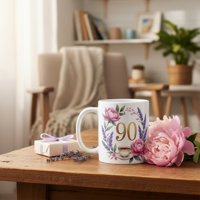 Personalized 90th Birthday Floral Mug for Grandma  (Personalized 90th Birthday Floral Mug for Grandma)