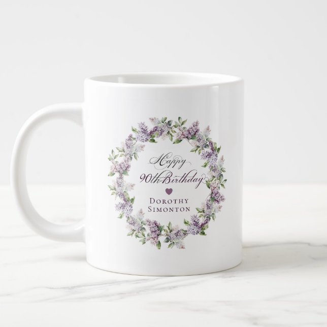 Personalized 90th Birthday Gift Purple Lilac Giant Coffee Mug (Left)