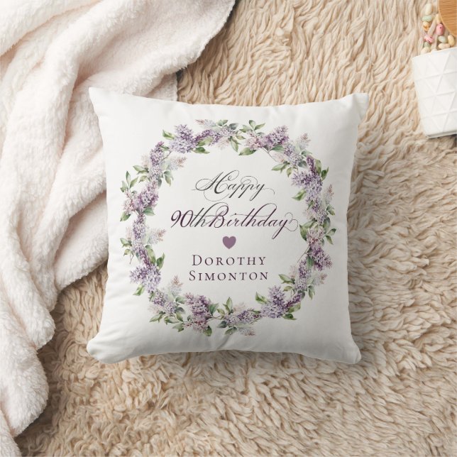Personalized 90th Birthday Gift Purple Lilac Throw Pillow (Blanket)