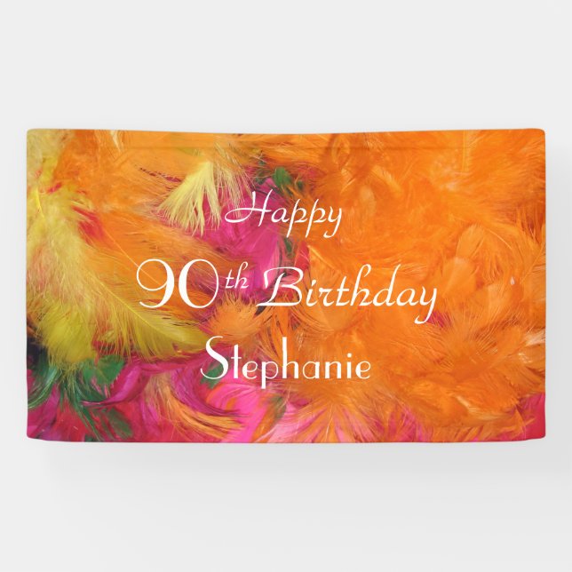 Personalized 90th Birthday Sign Orange Feathers (Horizontal)