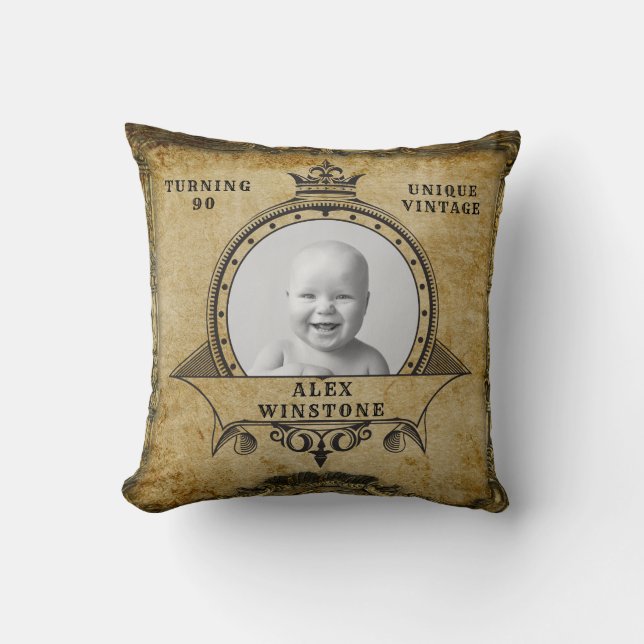Personalized 90th Birthday Vintage Photo Template Throw Pillow (Front)