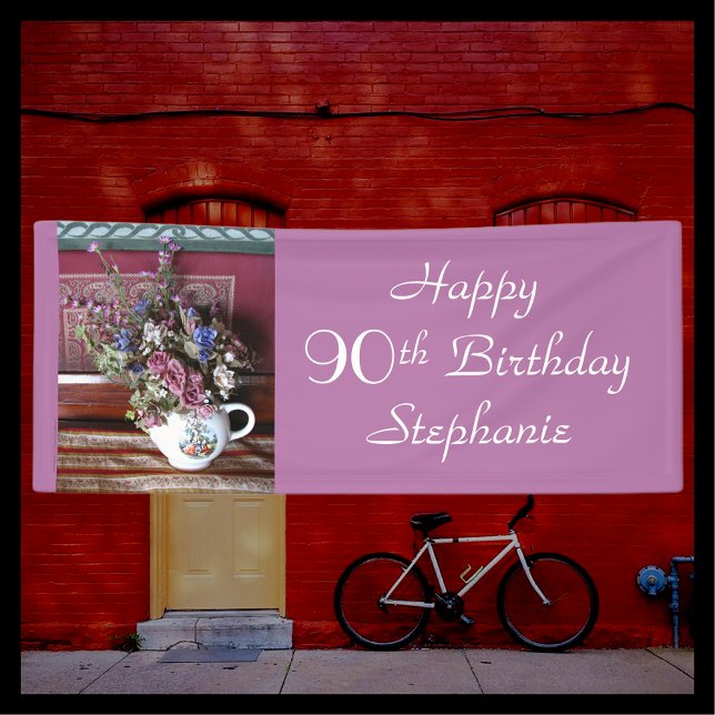 Personalized 90th Birthday Vintage Teapot Purple Banner (Creator Uploaded)