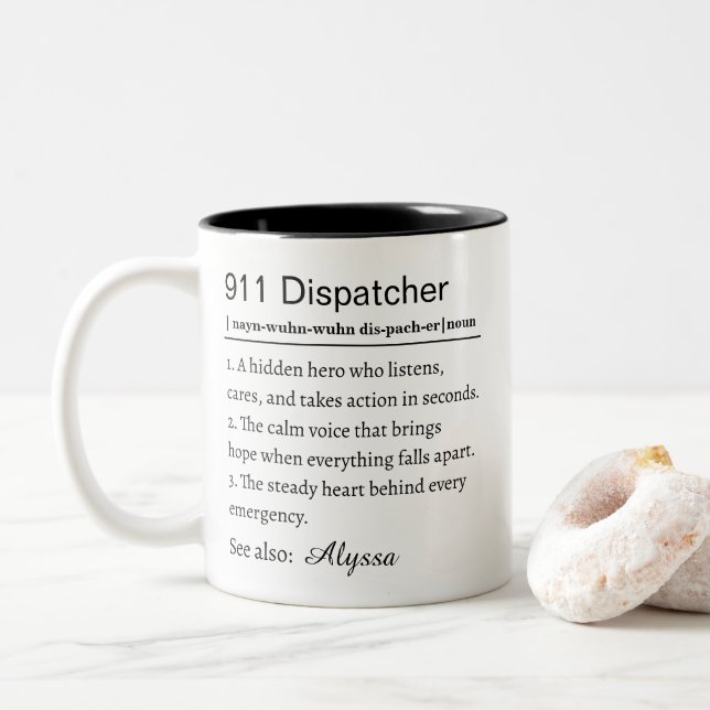 Personalized 911 Dispatcher Definition Two-Tone Coffee Mug (With Donut)