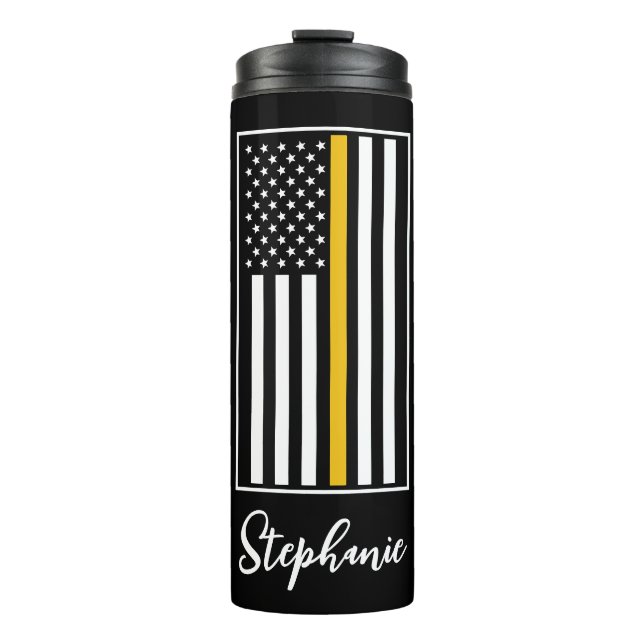 Personalized 911 Dispatcher Flag Thin Gold Line Thermal Tumbler (Front)