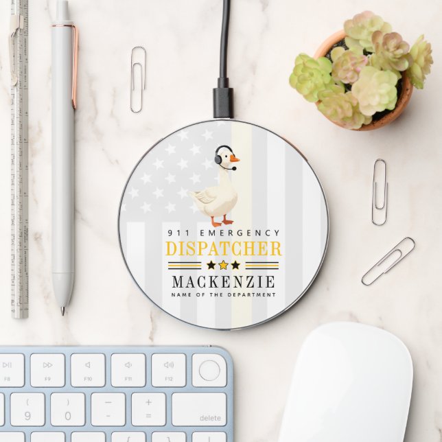 Personalized 911 Dispatcher Goose With Headset Wireless Charger (Desk)