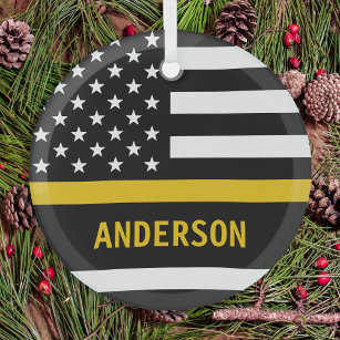 Personalized 911 Dispatcher Thin Gold Line USAFlag Glass Ornament