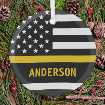 Personalized 911 Dispatcher Thin Gold Line Usaflag Glass Ornament by BlackDogArtJudy at Zazzle