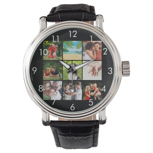 Personalized 9 Family Photo Collage Black Watch (Front)