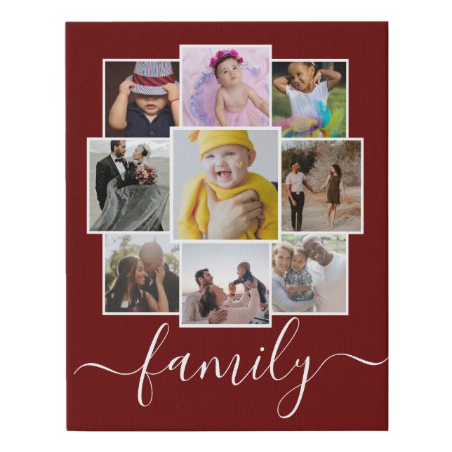 Personalized 9 Photo and Text Photo Collage Family Faux Canvas Print (Front)