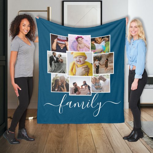 Personalized 9 Photo and Text Photo Collage Family Fleece Blanket