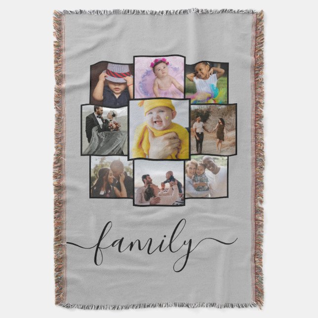 Personalized 9 Photo and Text Photo Collage Family Throw Blanket (Front Vertical)