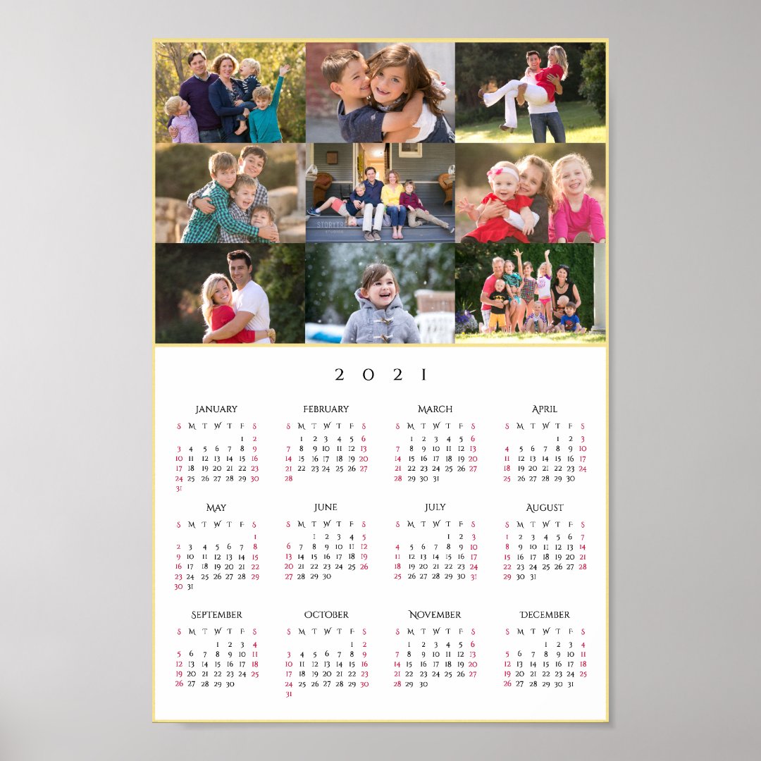 Personalized 9 Photo Collage 2021 Yearly Calendar Poster | Zazzle