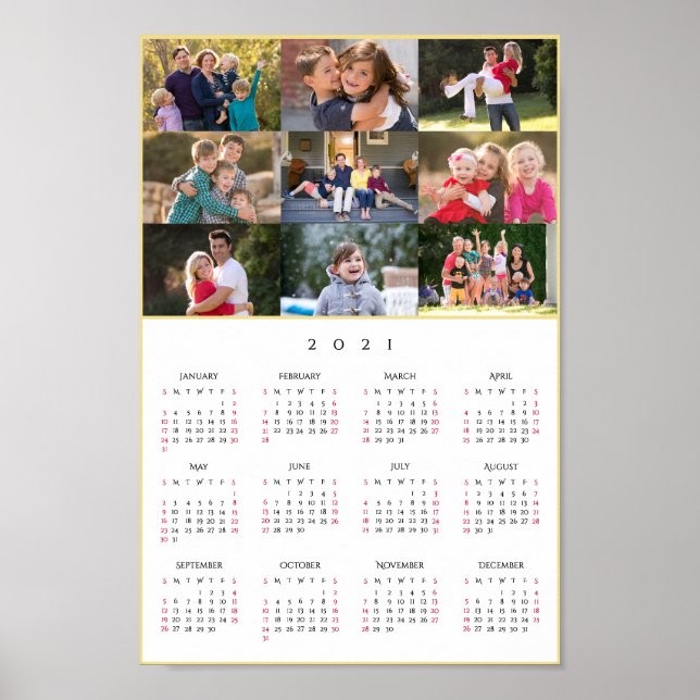 Personalized 9 Photo Collage 2021 Yearly Calendar Poster (Front)