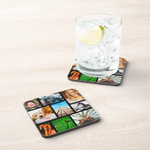 Personalized 9 Photo Collage Template Black Beverage Coaster
