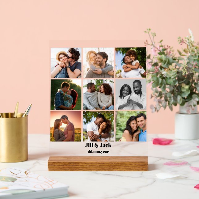 Personalized 9 Photo Collage Template for Couples Acrylic Sign (Wedding)