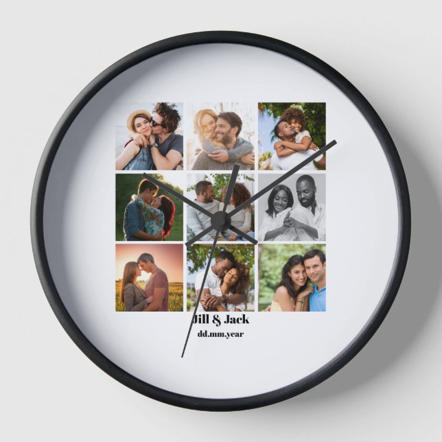 Personalized 9 Photo Collage Template for Couples Clock (Front)