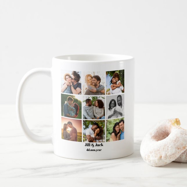 Personalized 9 Photo Collage Template for Couples Coffee Mug (With Donut)