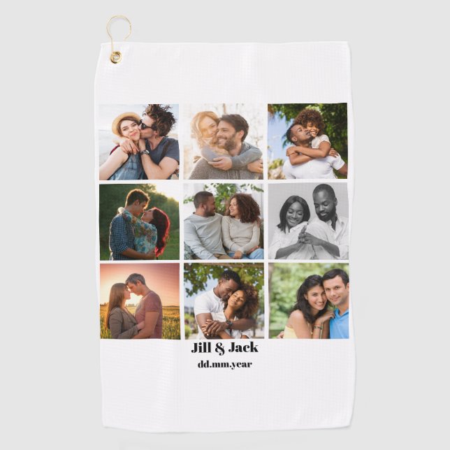 Personalized 9 Photo Collage Template for Couples Golf Towel (Front)