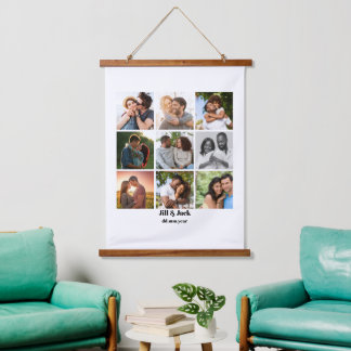 Personalized 9 Photo Collage Template for Couples Hanging Tapestry