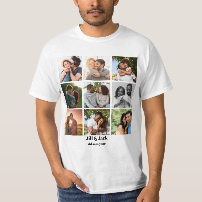 Personalized 9 Photo Collage Template for Couples T-Shirt (Front)