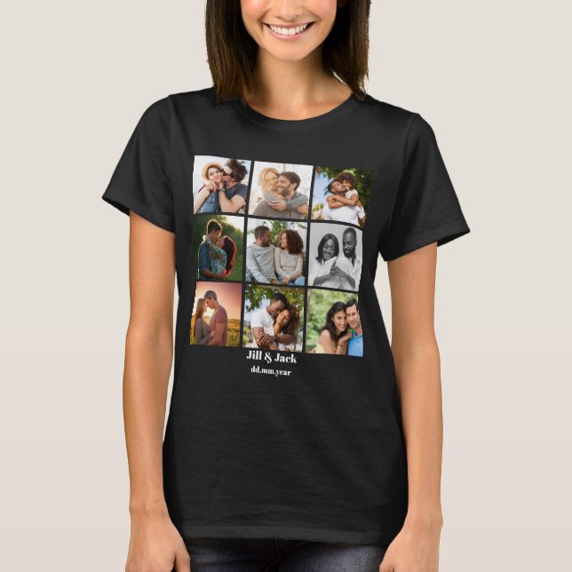 Personalized 9 Photo Collage Template for Couples T-Shirt (Front)