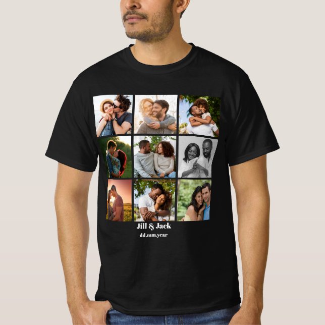 Personalized 9 Photo Collage Template for Couples T-Shirt (Front)