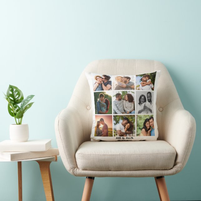 Personalized 9 Photo Collage Template for Couples Throw Pillow (Chair)