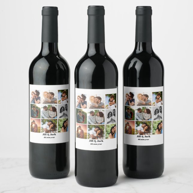 Personalized 9 Photo Collage Template for Couples Wine Label (Bottles)