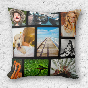 Personalized 9 Photo Collage Template Framed Black Throw Pillow