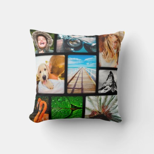 Personalized 9 Photo Collage Template Framed Black Throw Pillow
